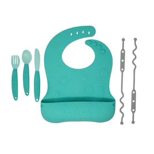 Busy Baby - Stop-Drop Travel Bib+ Utensils: Spearmint