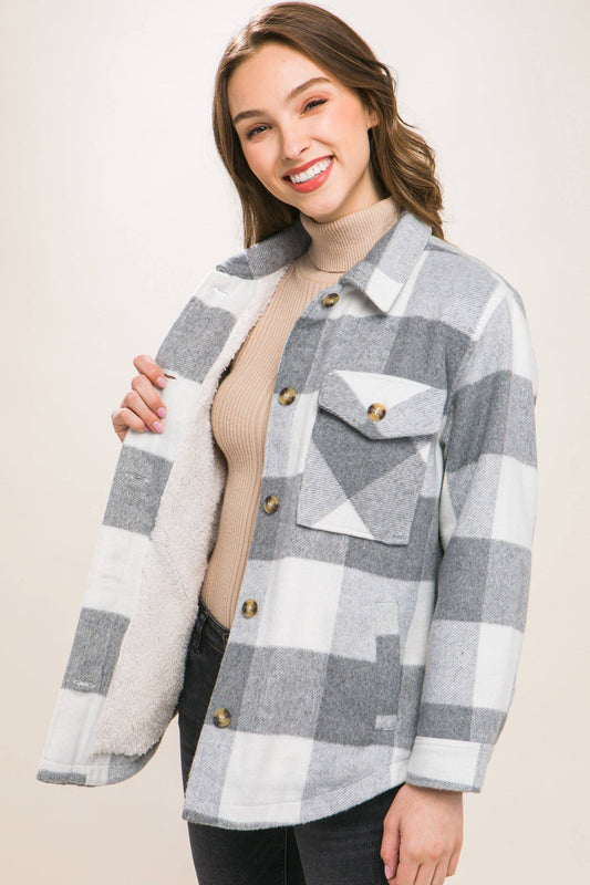 Plaid Button Down Jacket with Front Pocket & Sherpa: GREY