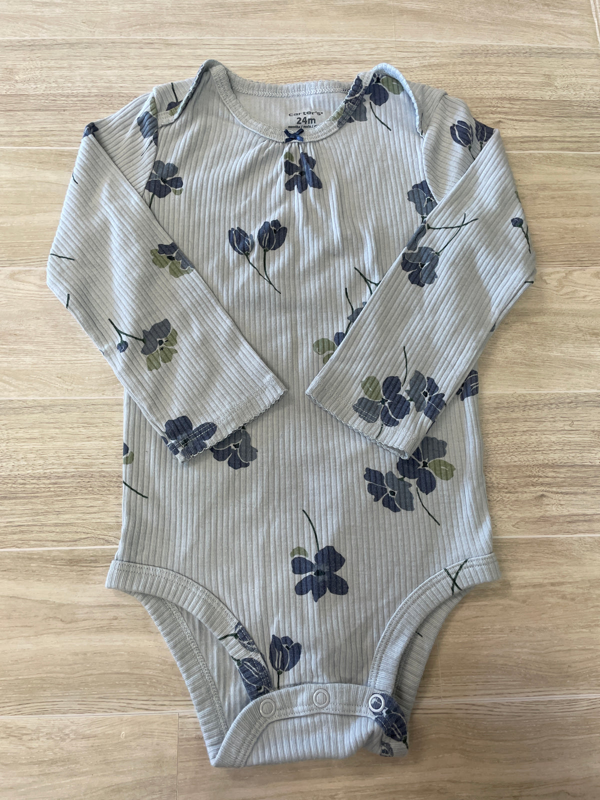 24m Blue Ribbed Floral Long Sleeve Onesie