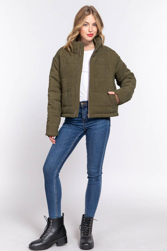 High Neck Corduroy Puffer Jacket: Olive