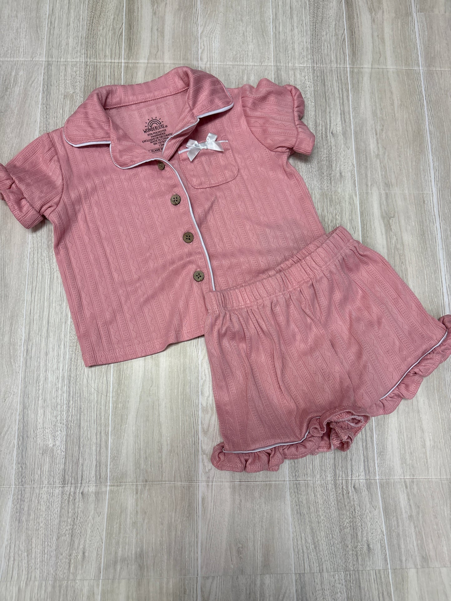 12m Wonderluxe Eyelet Pink Button Up 2 Piece Pajama Set