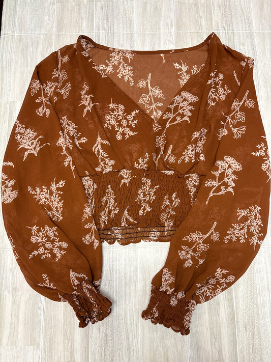 Womens Large Rust/Cream Floral Smocked Long Sleeve