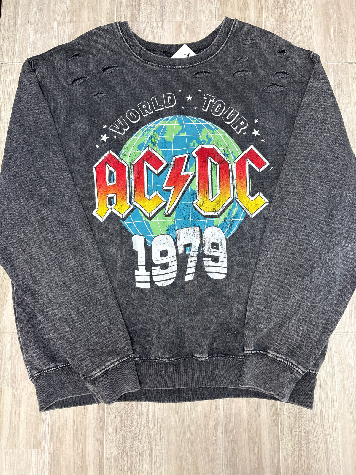 2X Heathered Grey Distressed ACDC Crewneck