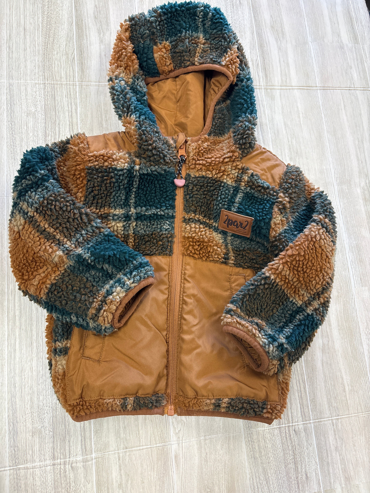 2T Camel/Green Teddy Reversibile Hooded Jacket