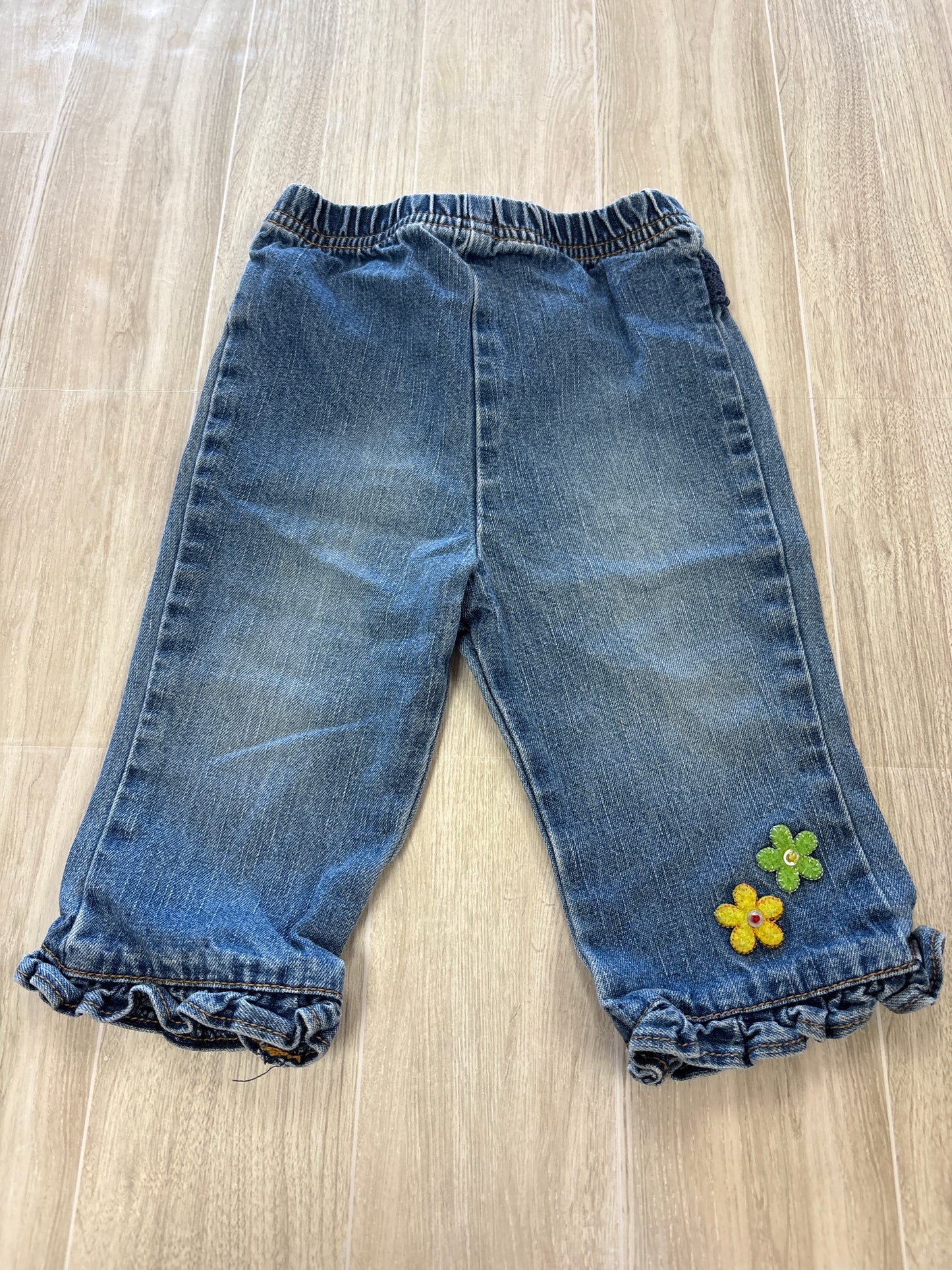 12m Denim Pull On Pants with Flower and Ruffle Detail