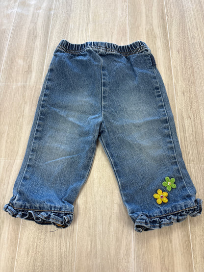 12m Denim Pull On Pants with Flower and Ruffle Detail