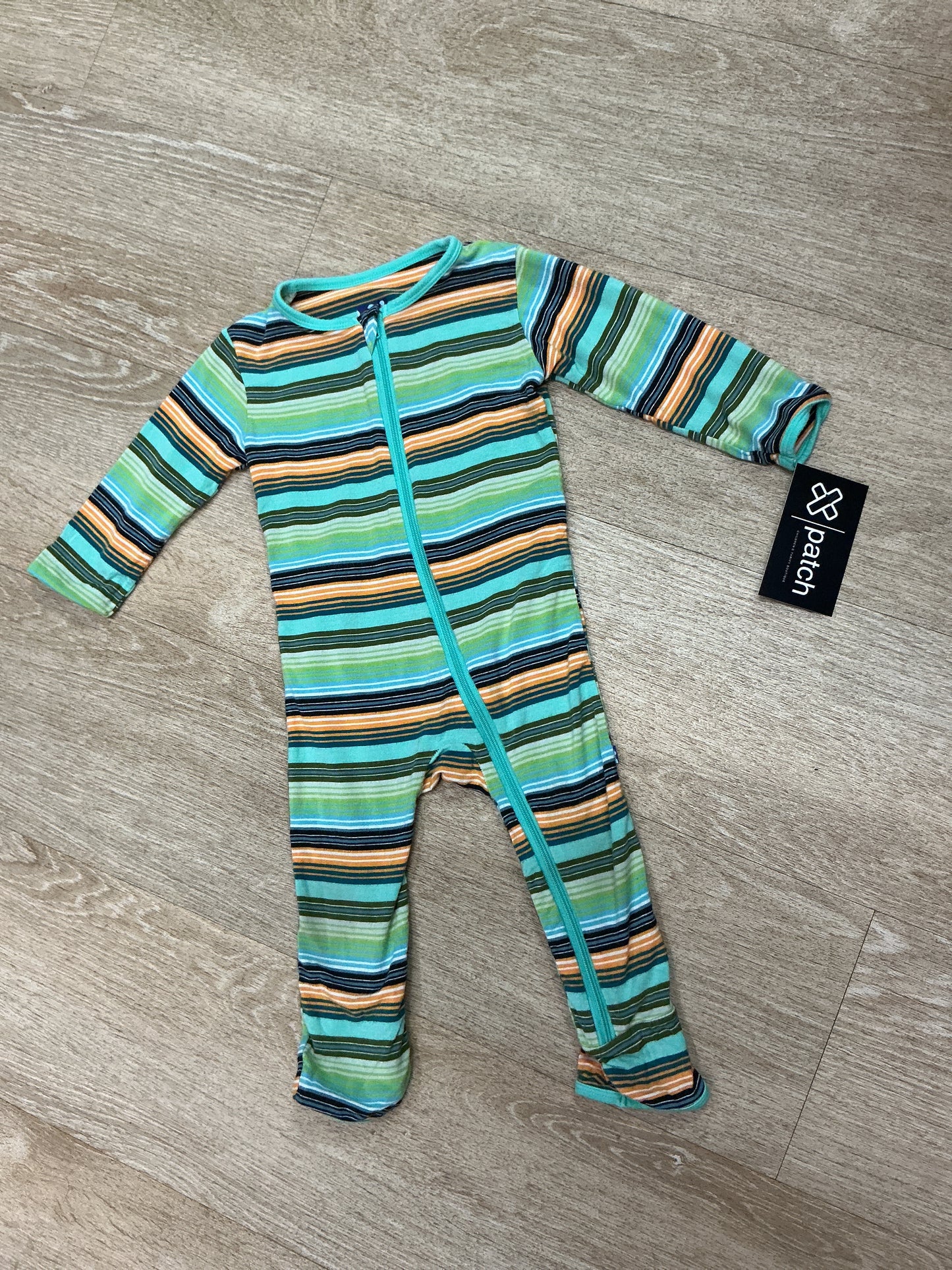6-9m Kic Kee Green Striped Footed Romper