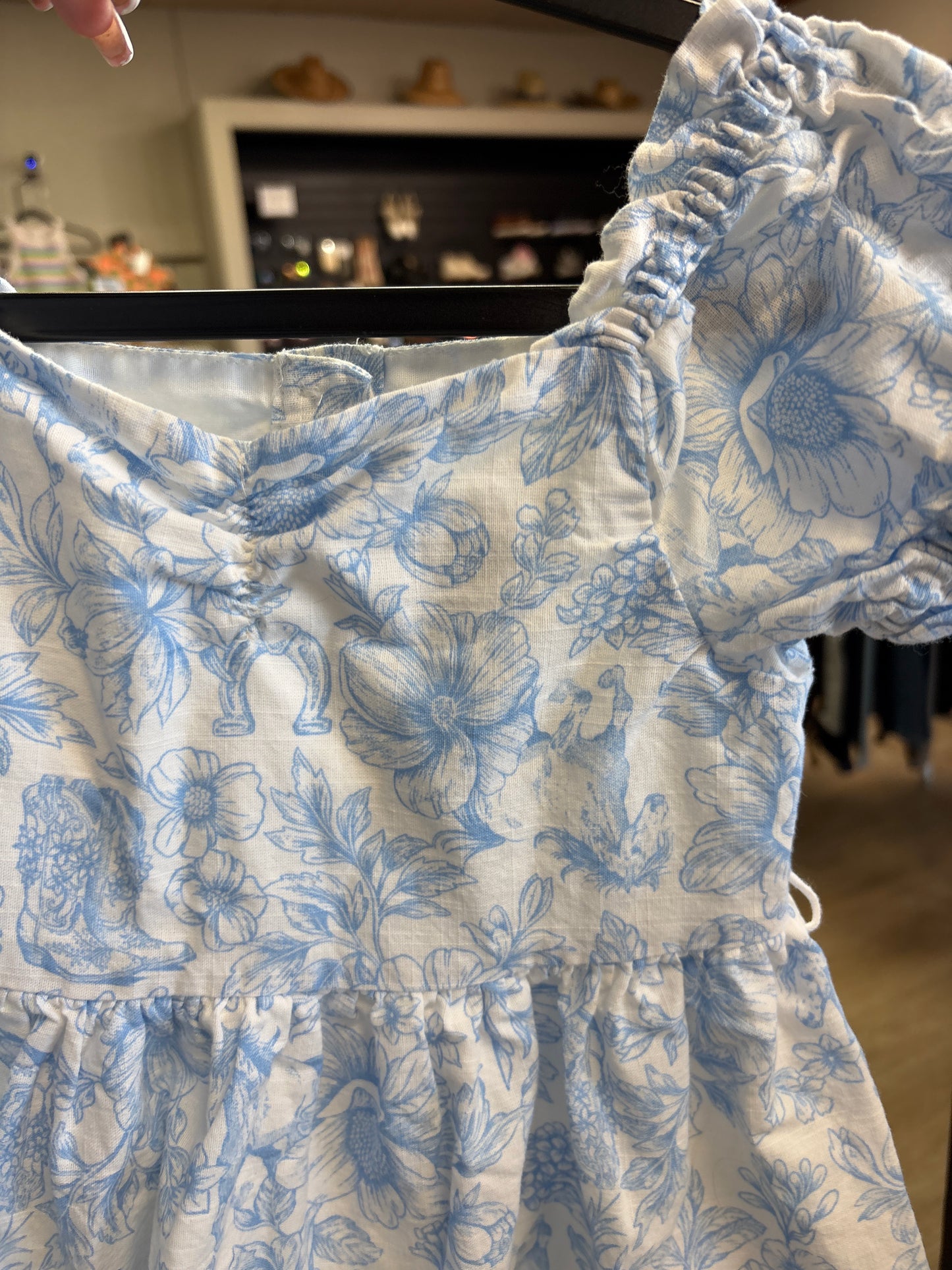 4/5T Happily Grey Kids Blue Floral Western Boot Detailed Off Shoulder Dress