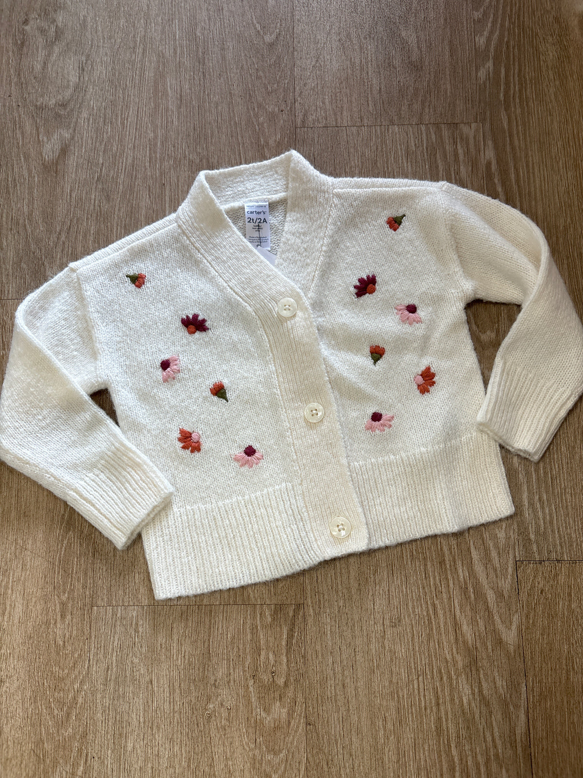 2T Cream Floral Embroidered Button Cardigan
