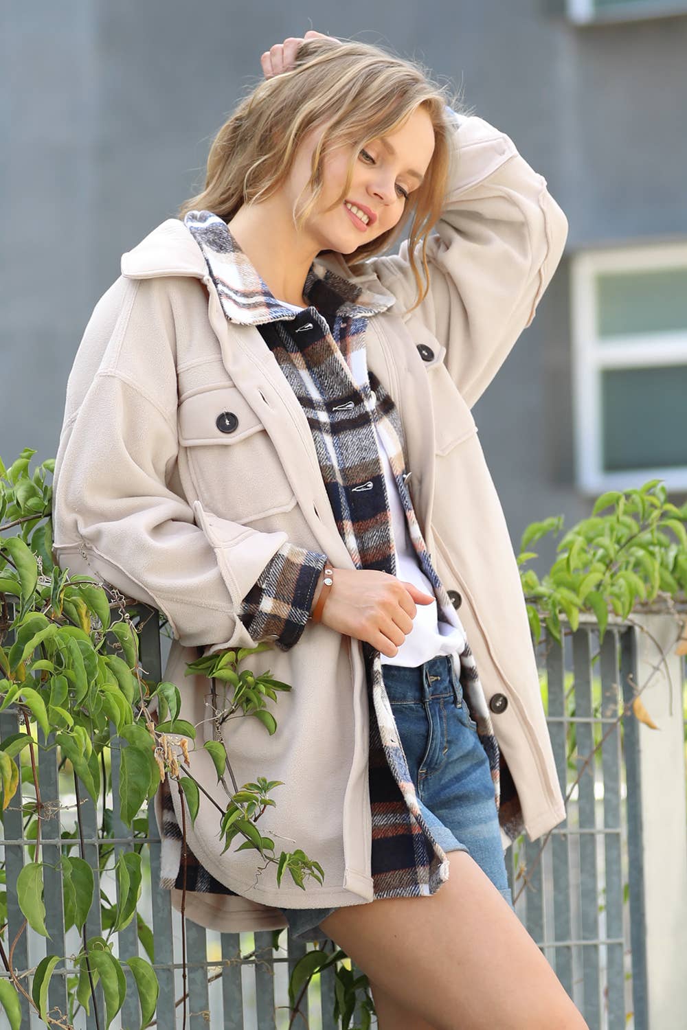 Oversized Fleece Shacket w/ elbow patch: SAND BEIGE