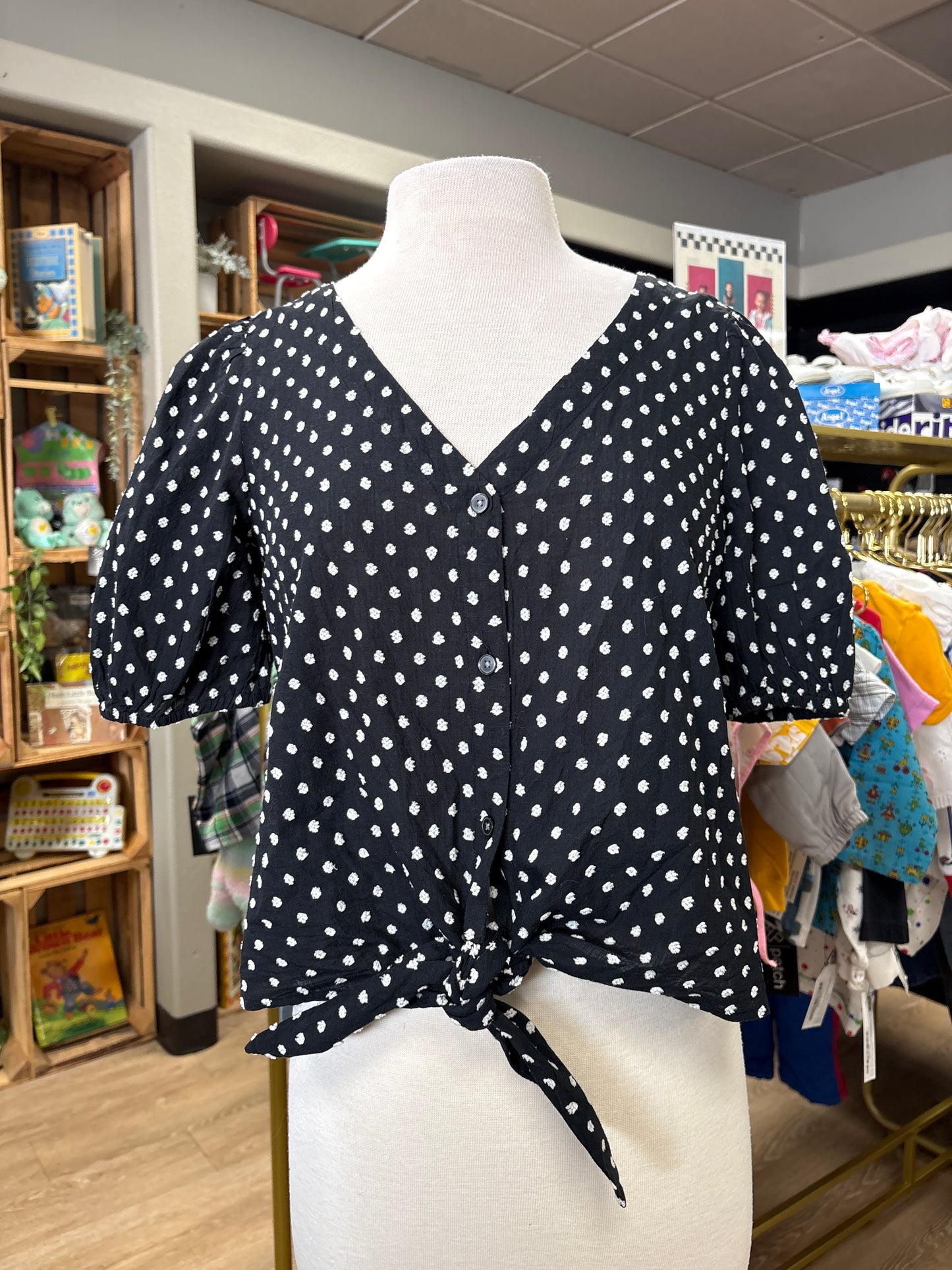 Womens Small Black Polka Dott Button Up Blouse