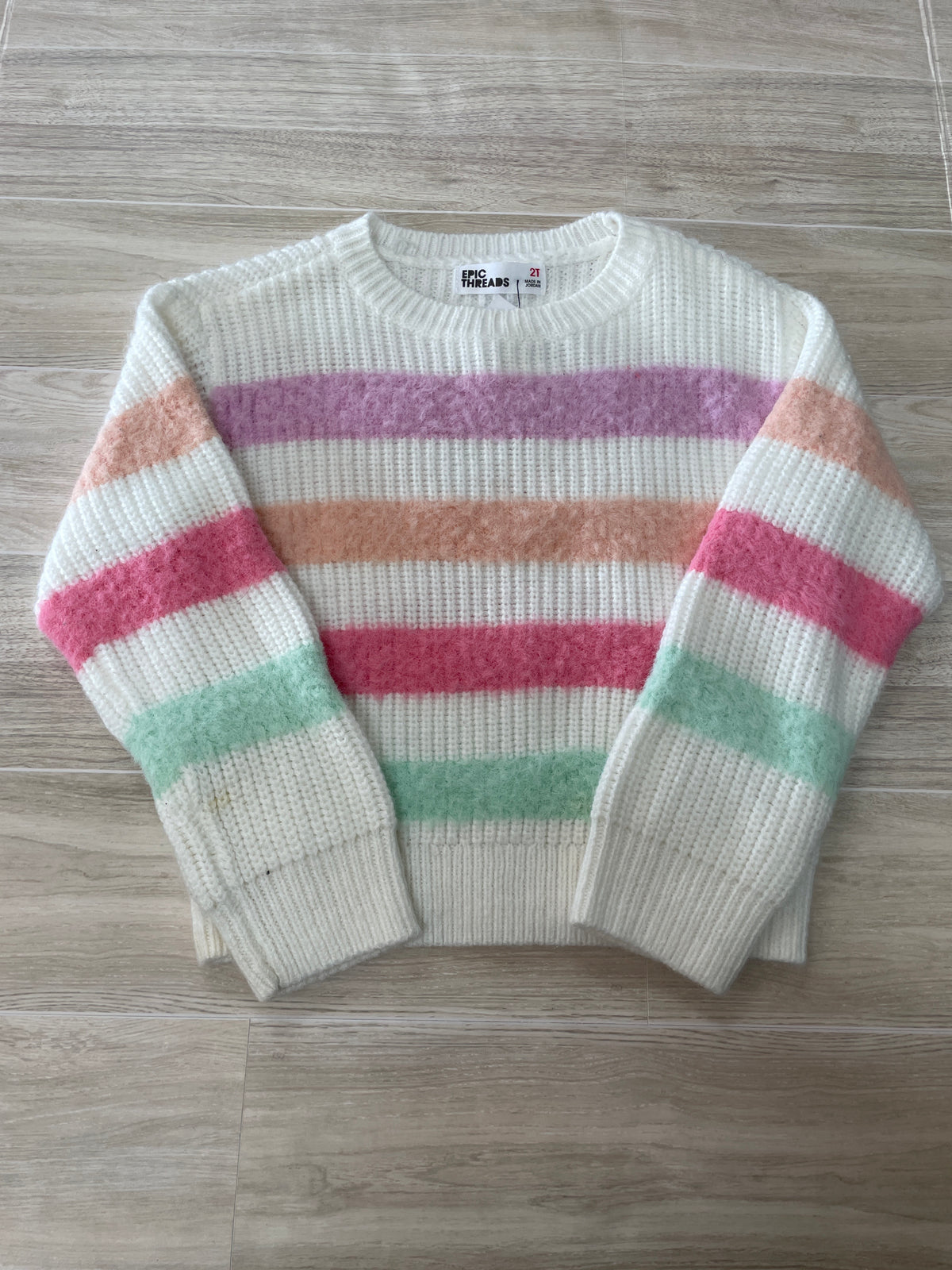 2T White Pastel Colored Striped Knit Fuzzy Sweater - Blemish