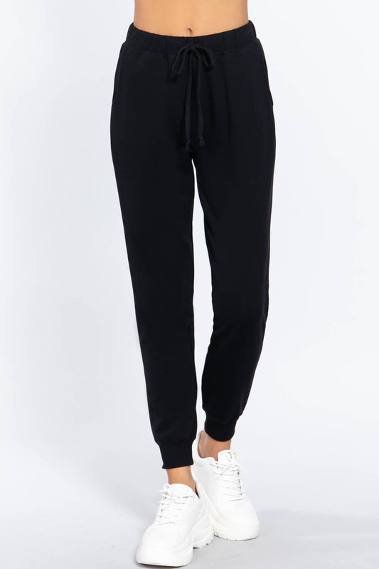 FRENCH TERRY FITTED JOGGER PANTS: Black