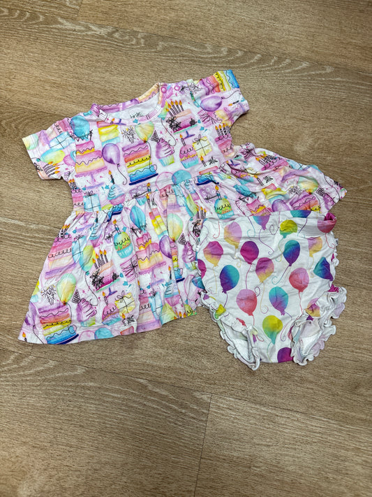 18-24m Birdie Bean Birthday Cake and Balloon Dress + Bloomer Set