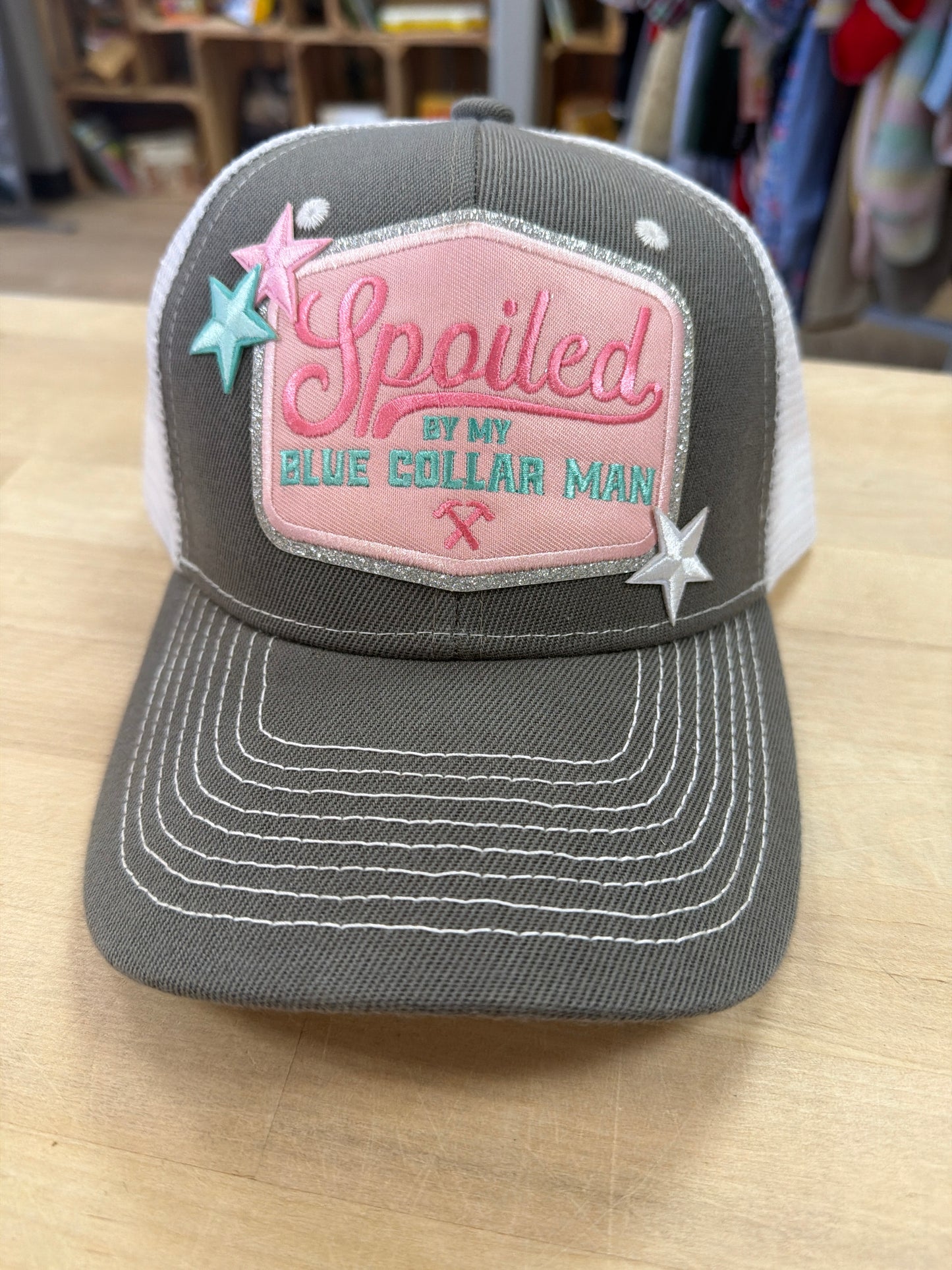 Trucker Hat - Spoiled by a Blue Collar Man - Grey/White