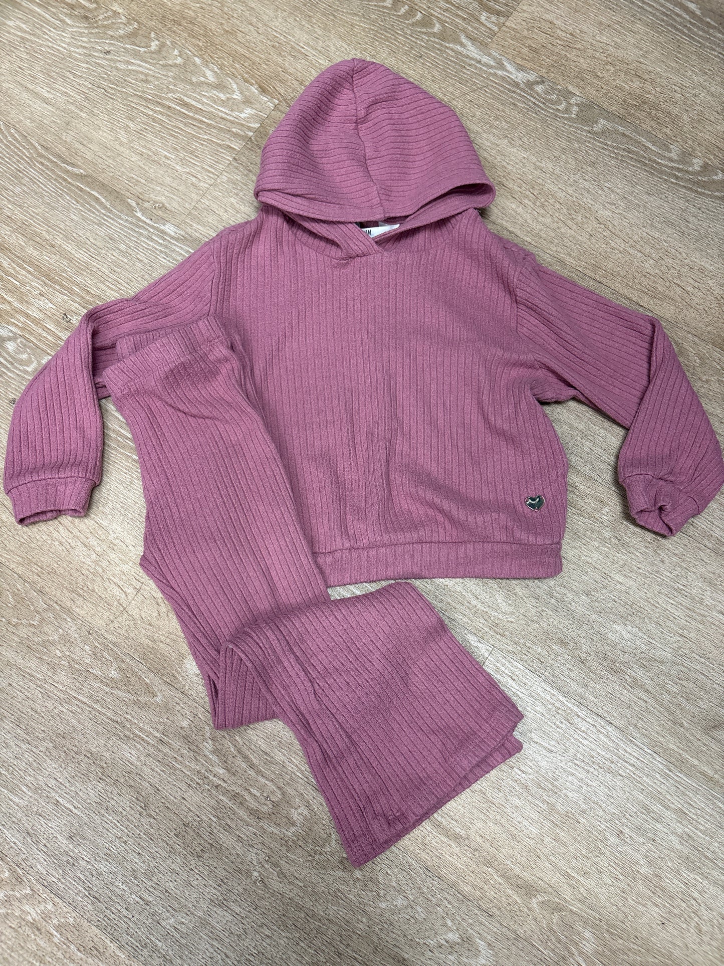 6 Mauve Ribbed Hooded Sweater + Flare Pant Set