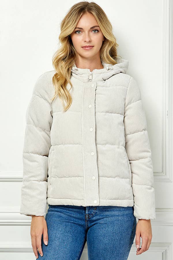 Hooded Quilted Cordoury Puffer Jacket - Bone