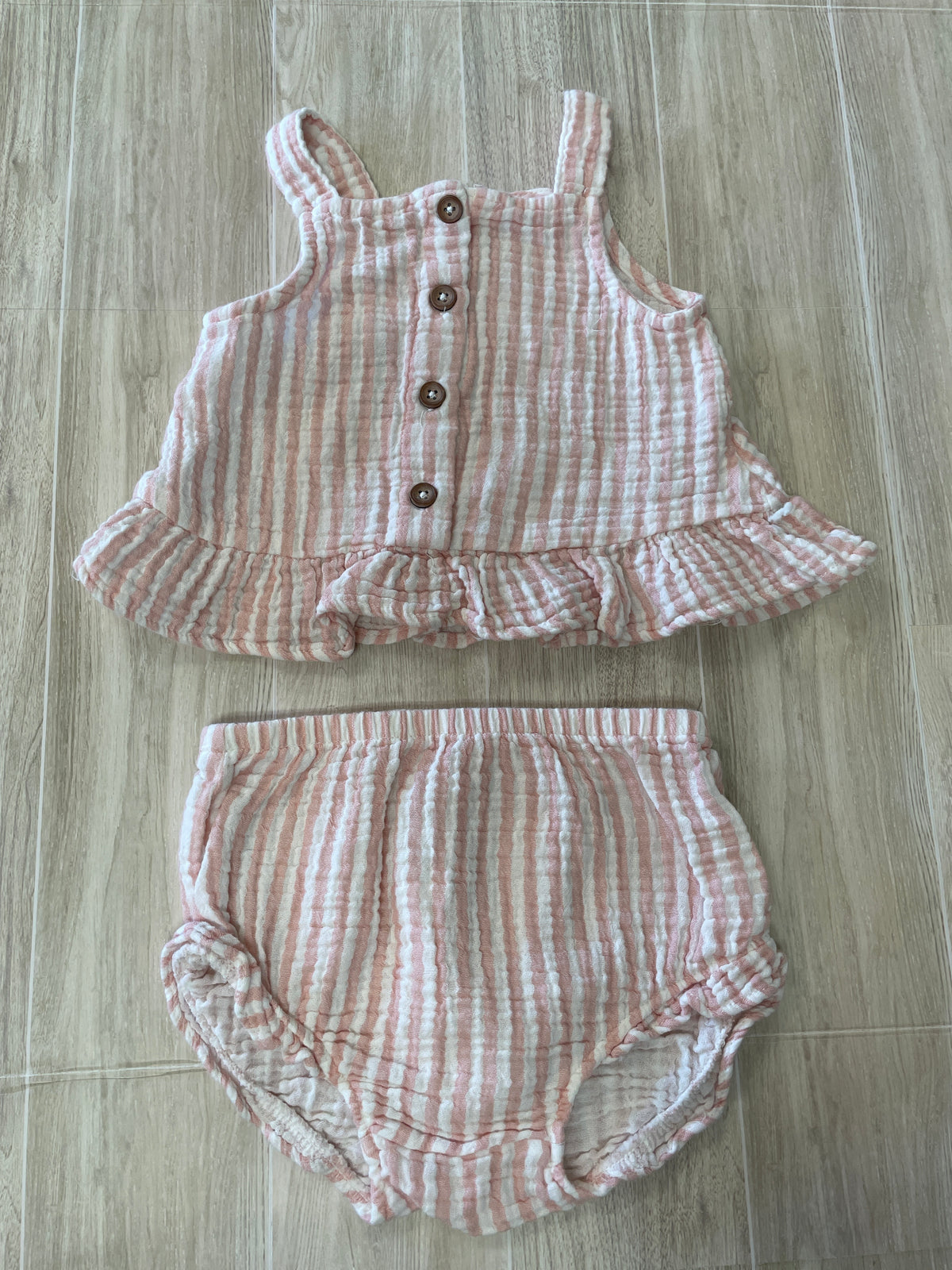 18m Pink/White Striped Gauze Tank + Bloomer Set