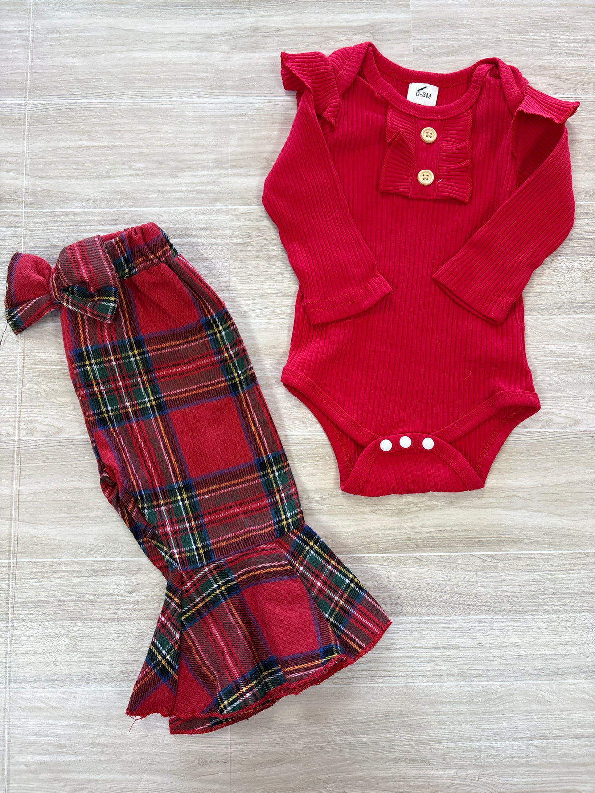 0-3m Red Ruffle Button Onesie + Red Plaid Bow Flares
