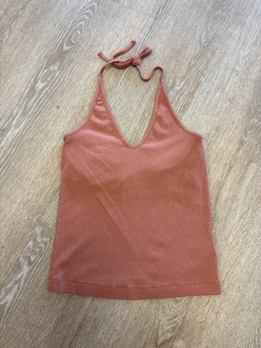 Womens Medium Ribbed V Neck Halter Top - Mocha