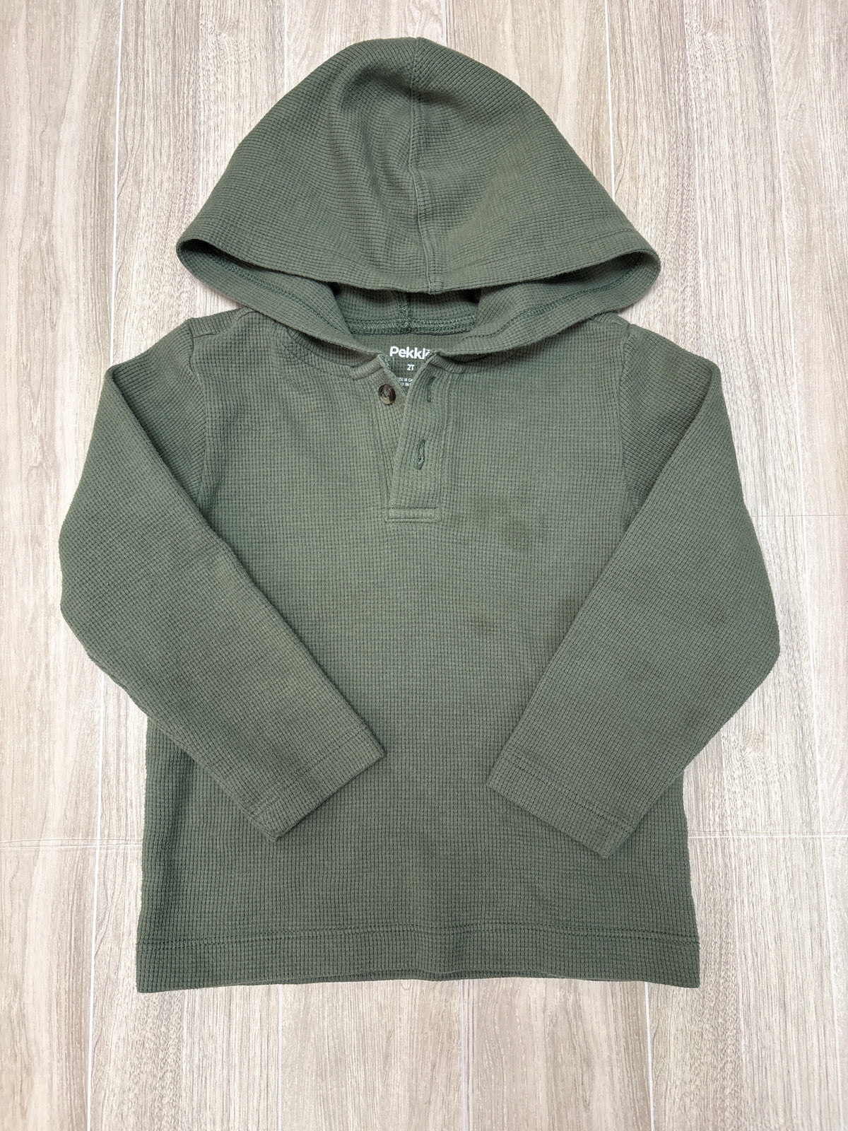 2T Olive Waffle Knit Button Hooded Long Sleeve
