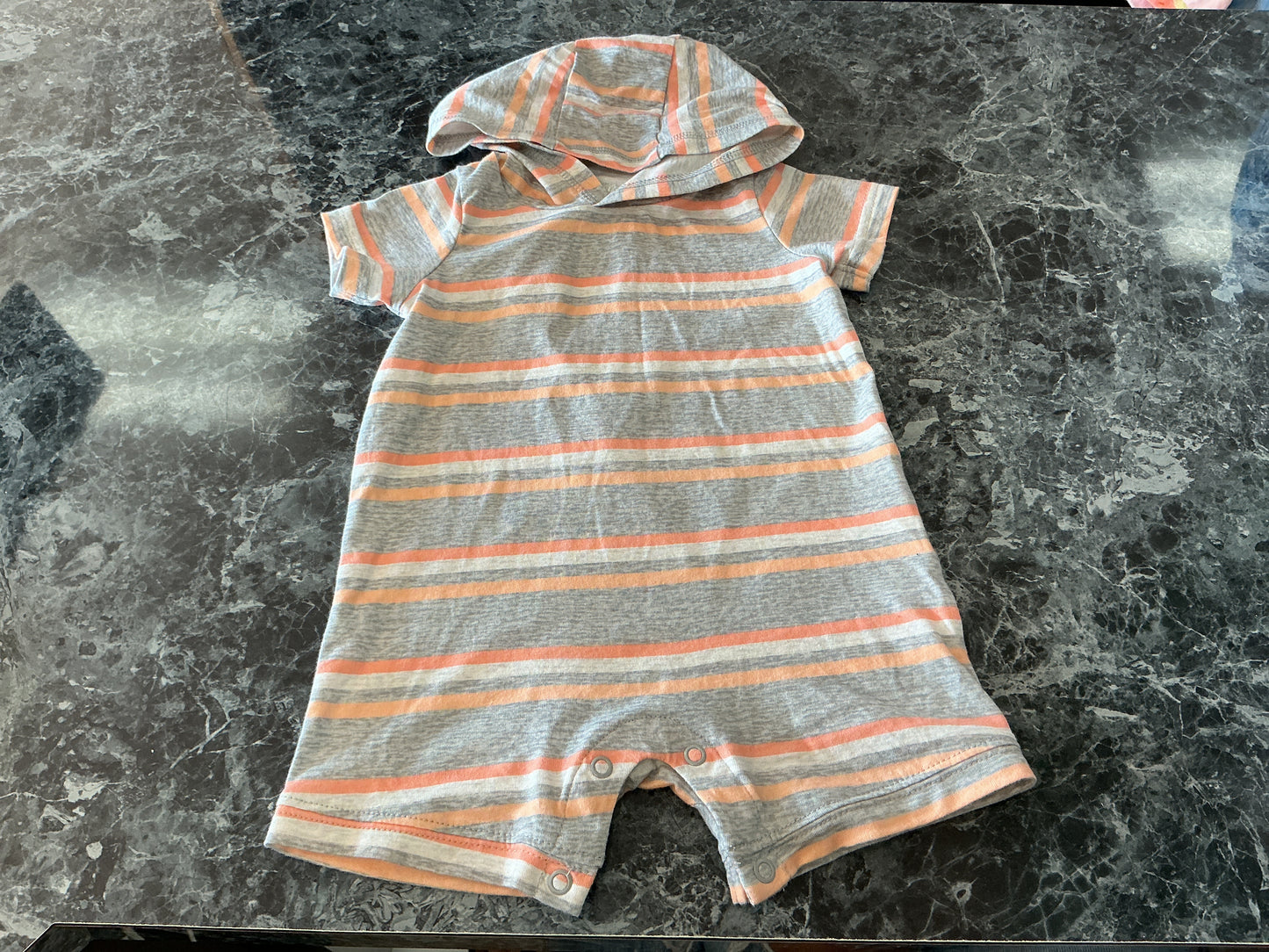 6m Grey/Orange Striped Hooded Shortie Romper
