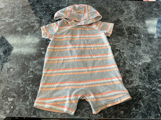 6m Grey/Orange Striped Hooded Shortie Romper