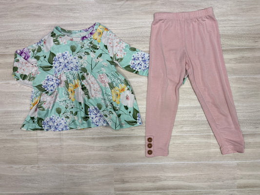 2T Posh Peanut Green Floral Top + Light Pink Leggings Set