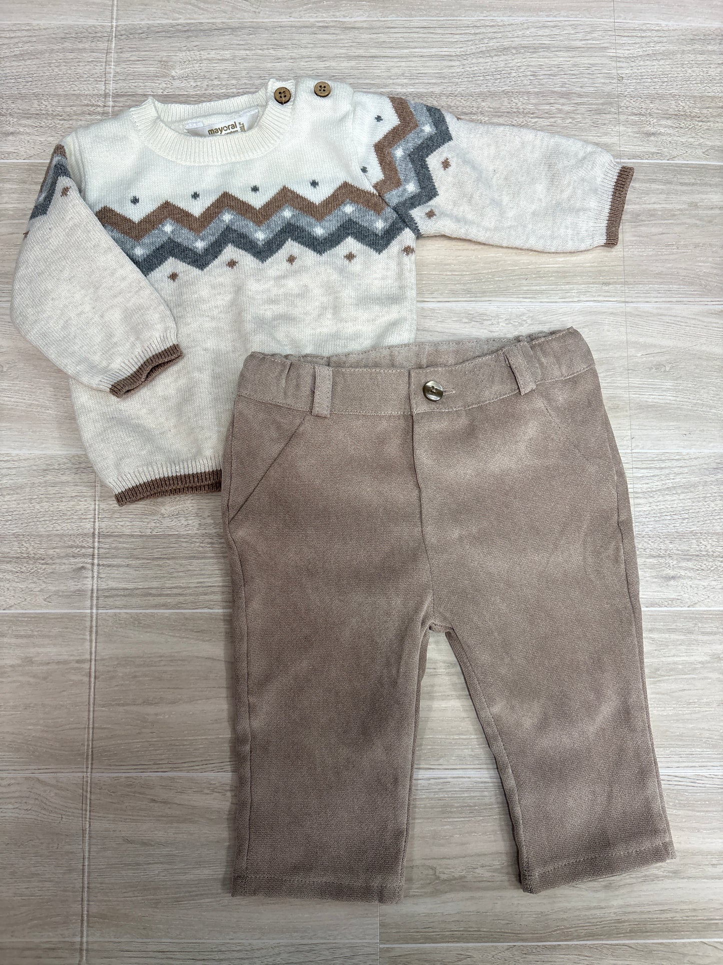 Newborn Mayoral Cream Knit Sweater + Suede Tan Pant Set