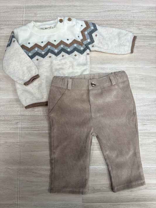 Newborn Mayoral Cream Knit Sweater + Suede Tan Pant Set