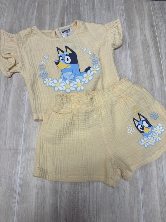 12m Yellow Gauze Bluey 2 Piece Shortie Set