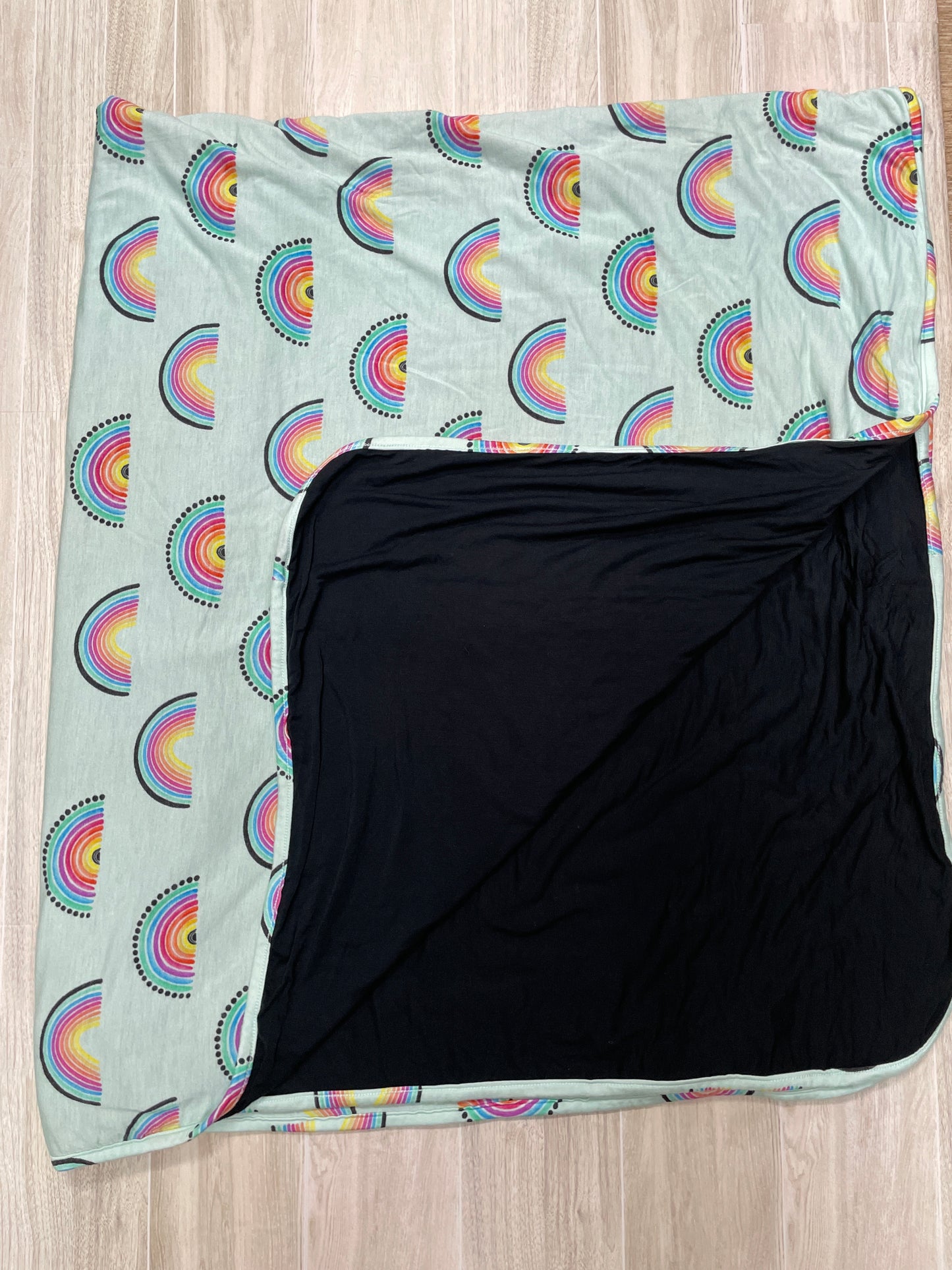 Birdie Bean Reversible Blanket - Mint Rainbows/Black