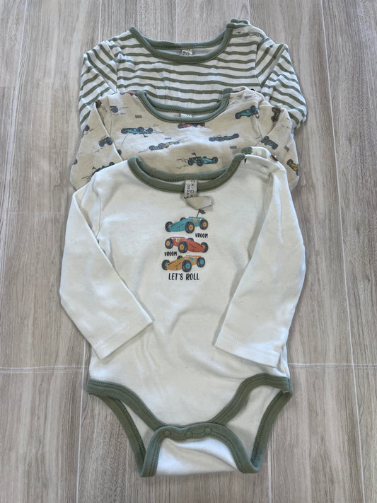 3-6m Chickpea Organic Stripes + Racecars Long Sleeve Onesie 3 Pack
