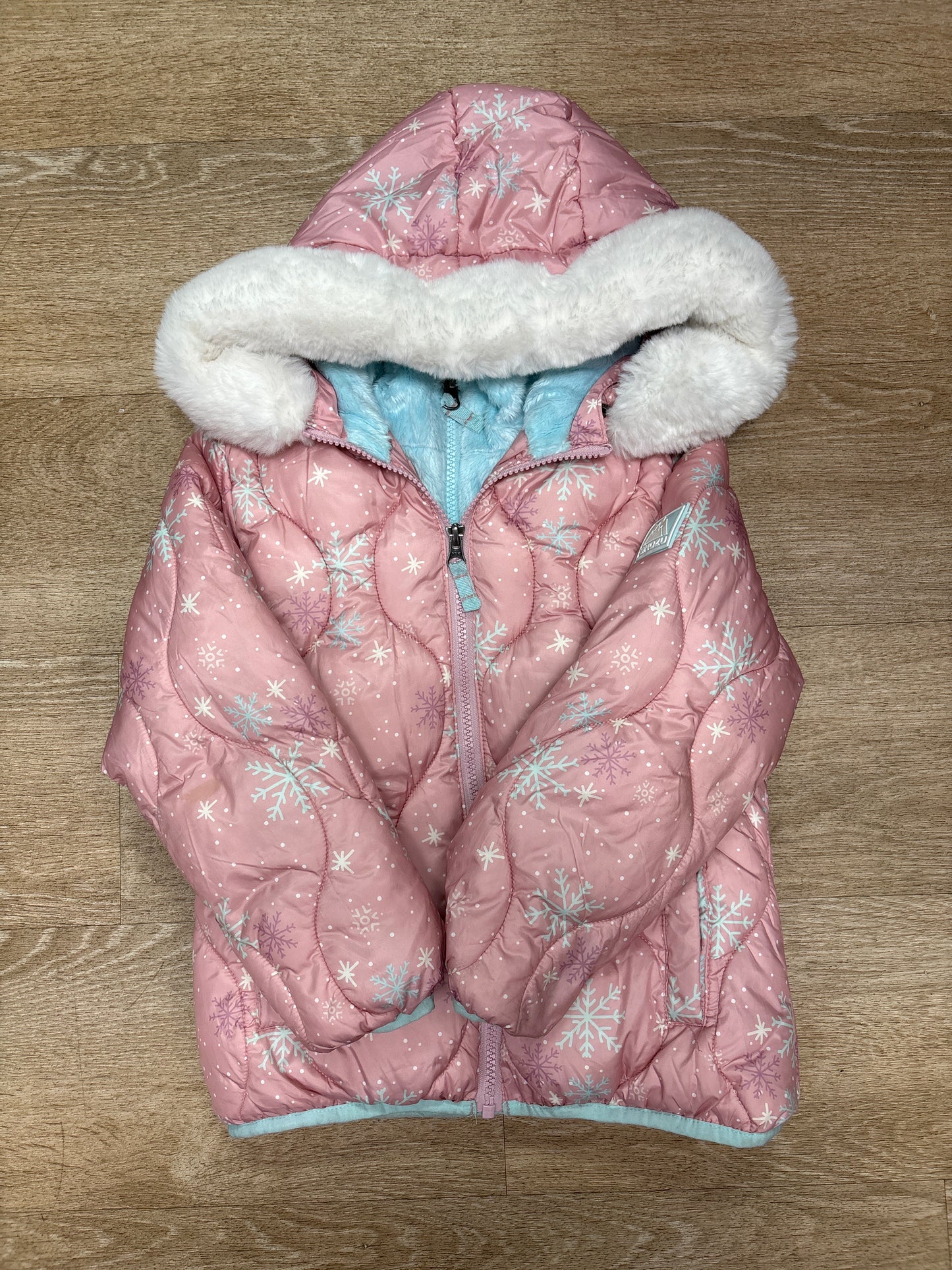 6 Snozu Pink Snowflake Fur Lined Snow Jacket