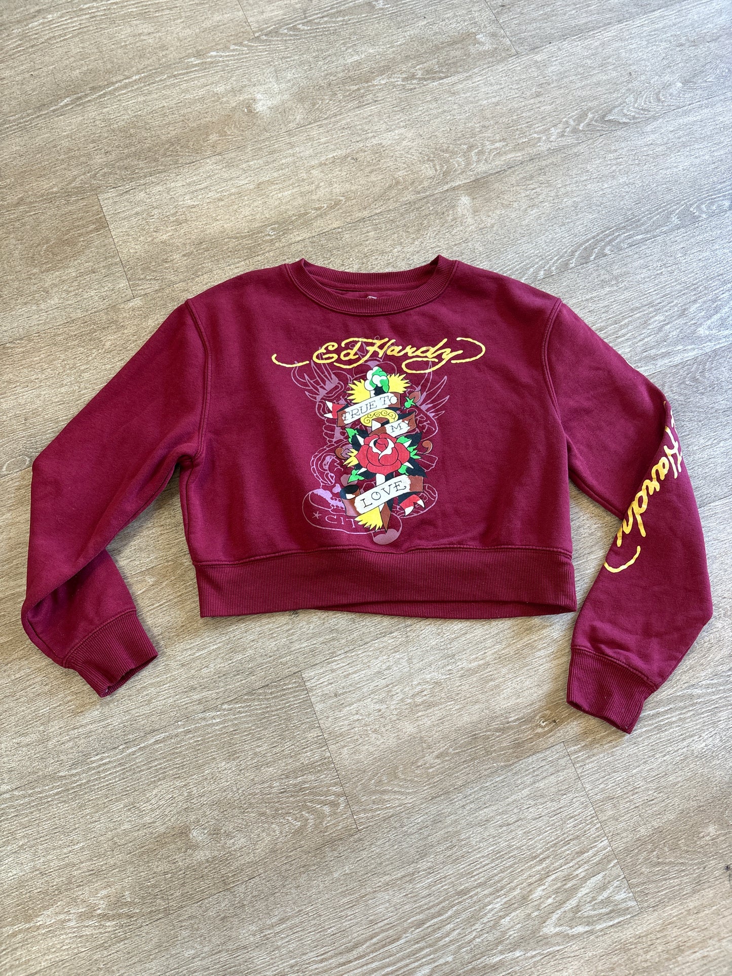 Womens Medium Y2K Ed Hardy Tattoo Graphic Red Crewneck