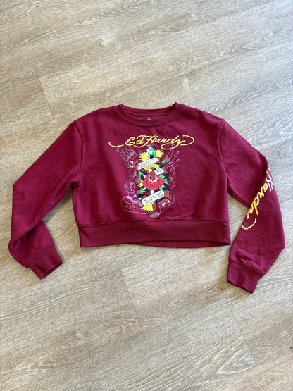 Womens Medium Y2K Ed Hardy Tattoo Graphic Red Crewneck