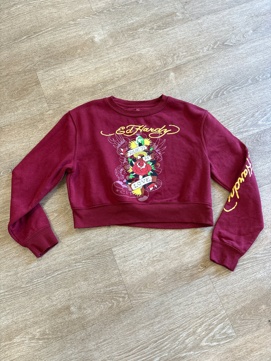 Womens Medium Y2K Ed Hardy Tattoo Graphic Red Crewneck