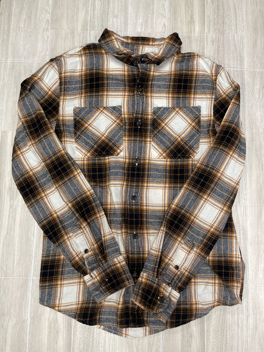12/14 Cream/Black/Mustard Plaid Button Up Flannel