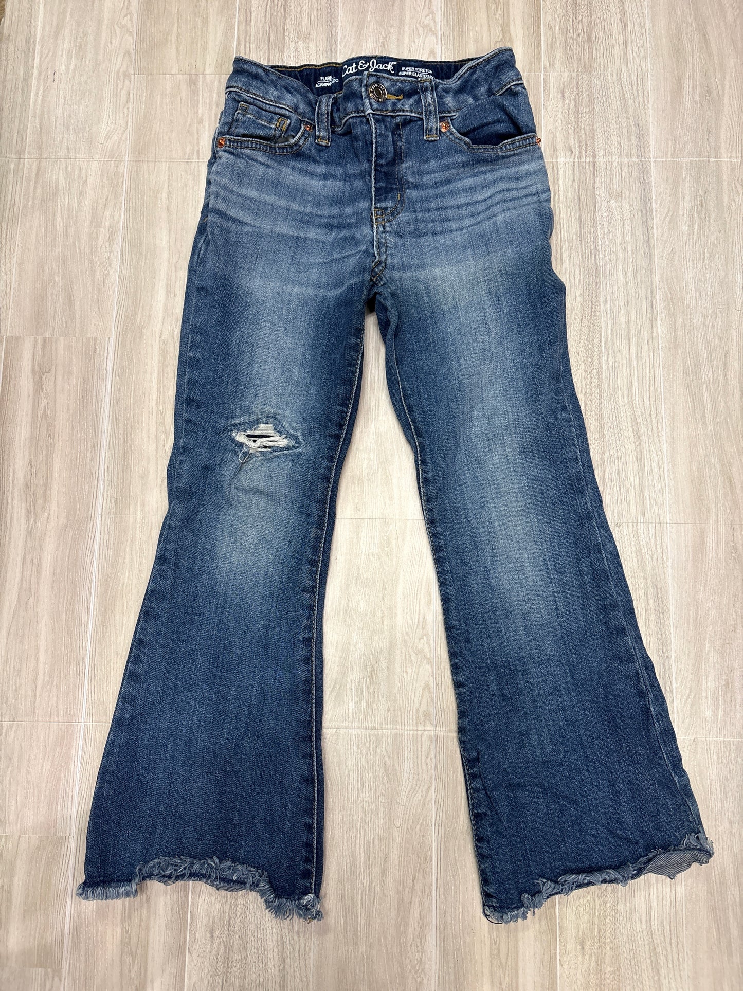 6 Medium Wash Distressed Flare Denim