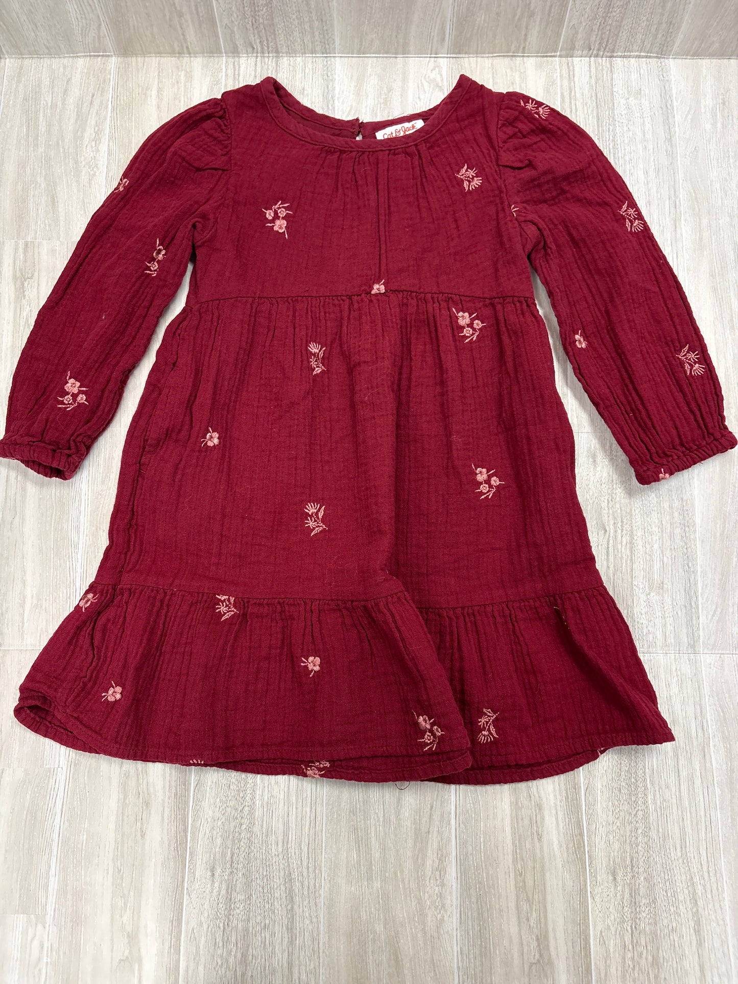 4T Maroon Embroidered Floral Gauze Long Sleeve Dress