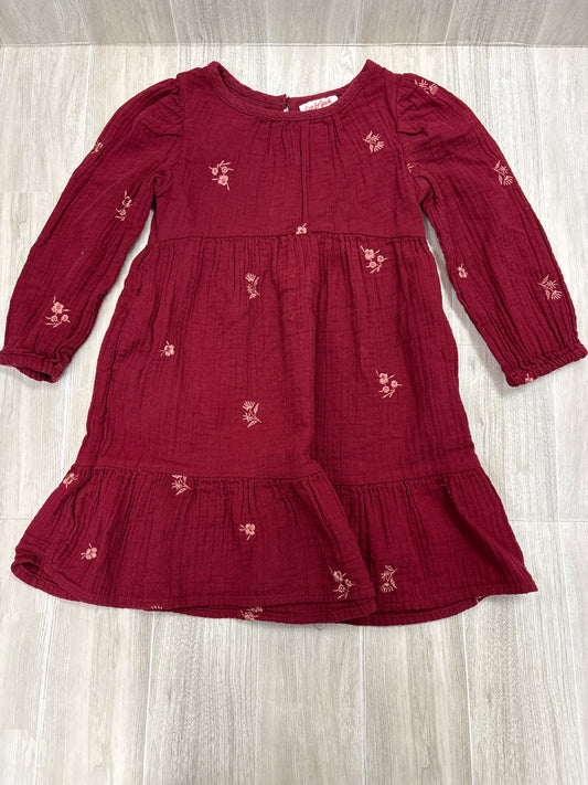 4T Maroon Embroidered Floral Gauze Long Sleeve Dress