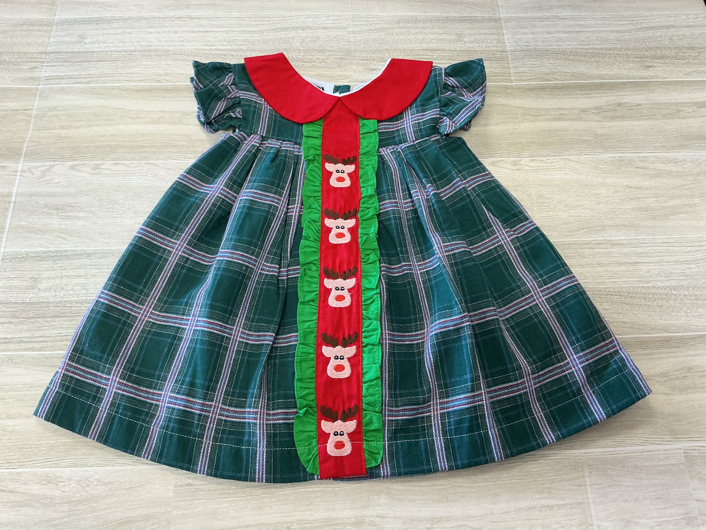 3-6m Reindeer Stitched Plaid Dress