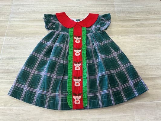 3-6m Reindeer Stitched Plaid Dress
