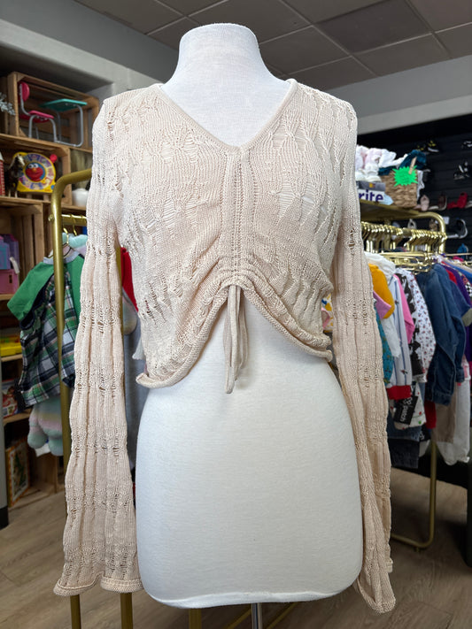 Womens Large Cream Knit Crochet Long Sleeve