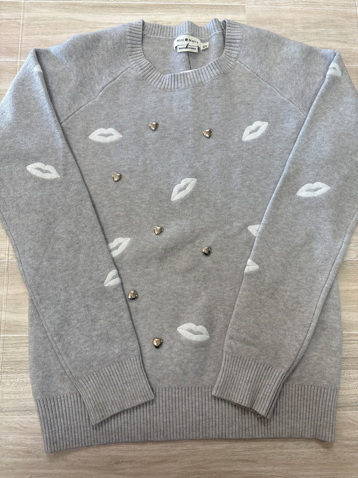 12/14 Mini Molly Grey Knit Heart Studded Lip Sweater