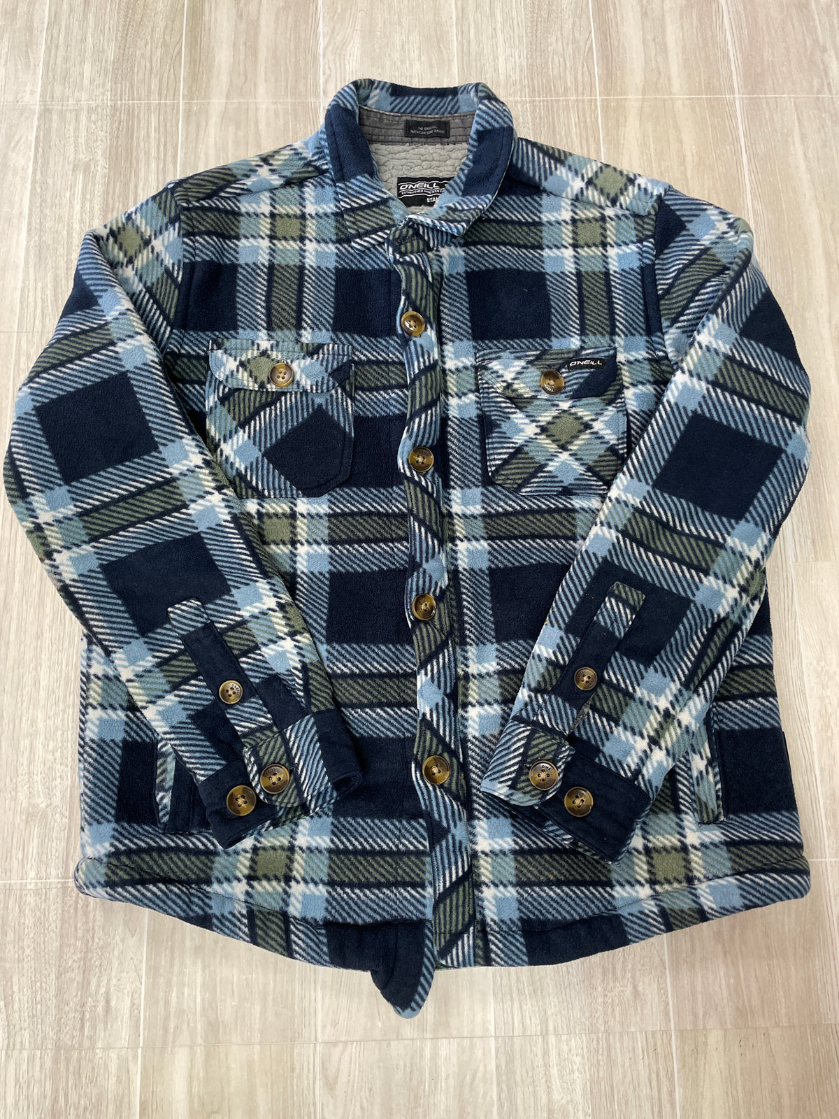 7 O'Neill Navy/Green Plaid Lined Button Up Shacket