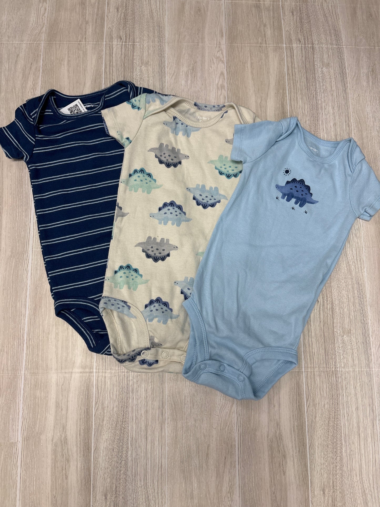 9m Blue Dino/Stripes Onesie 3 Pack