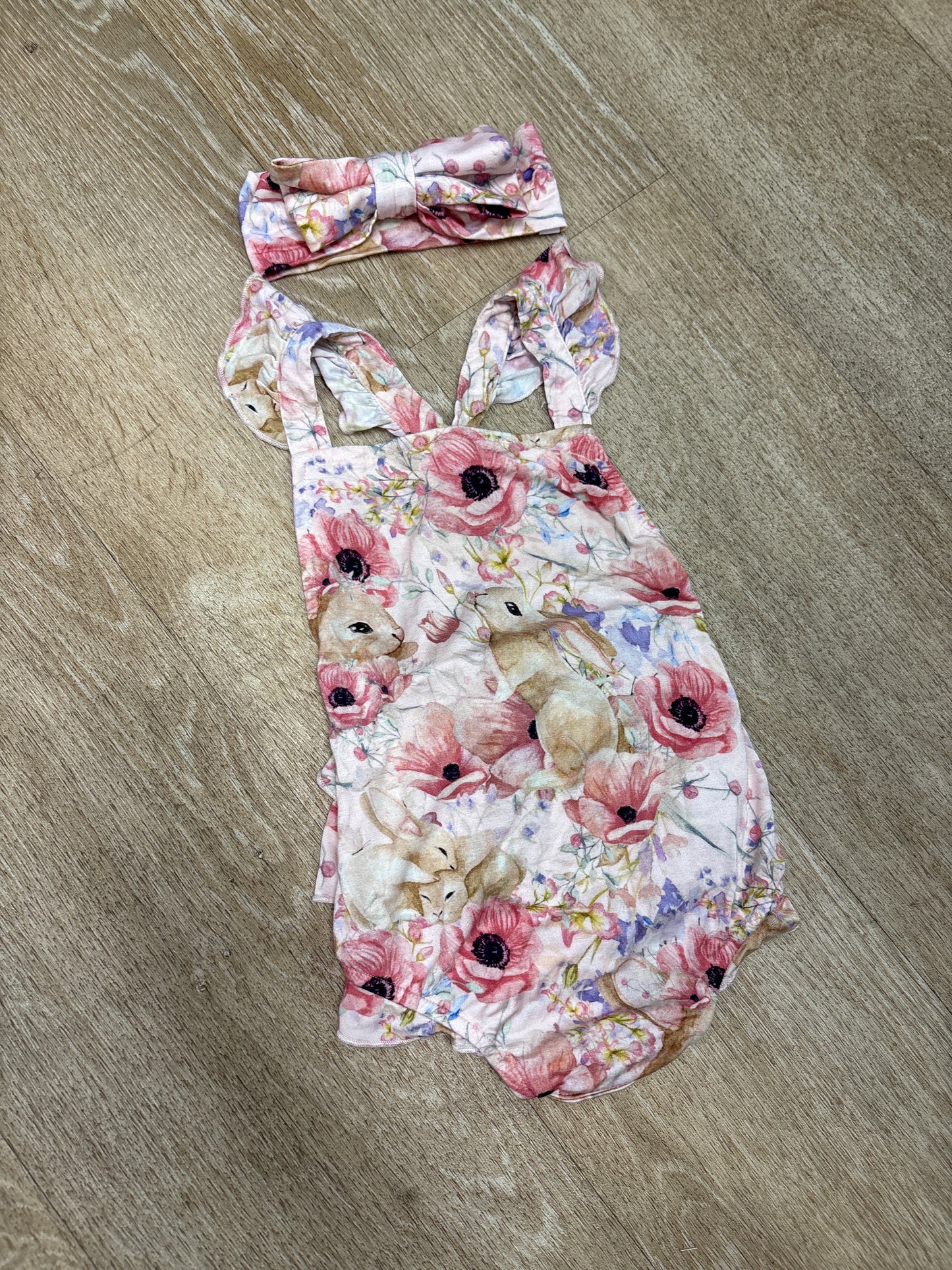 6-12m Posh Peanut Bunny Romper + Bow Set
