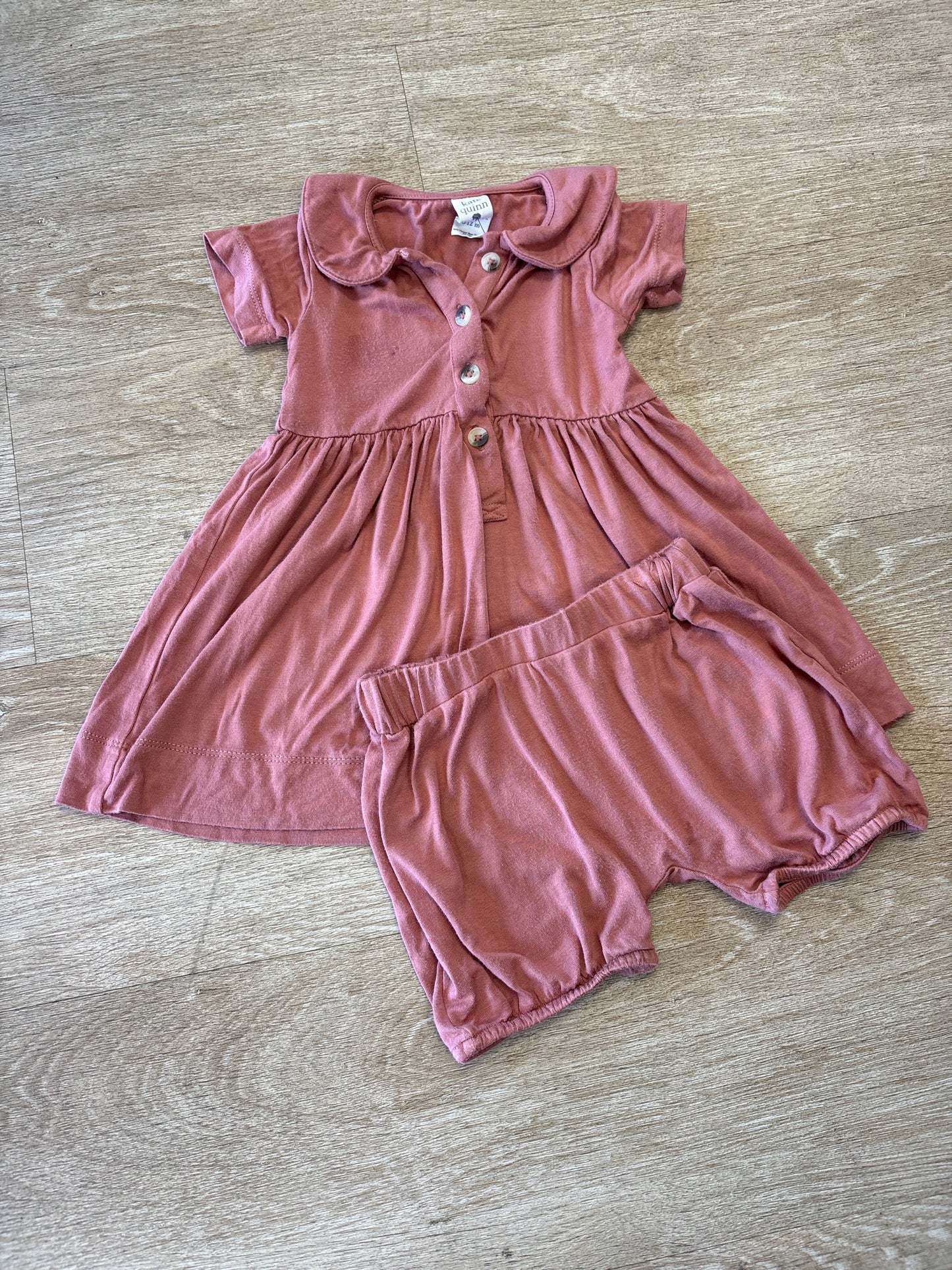 6-12m Kate Quinn Bamboo Blush Button Dress + Bloomer Set