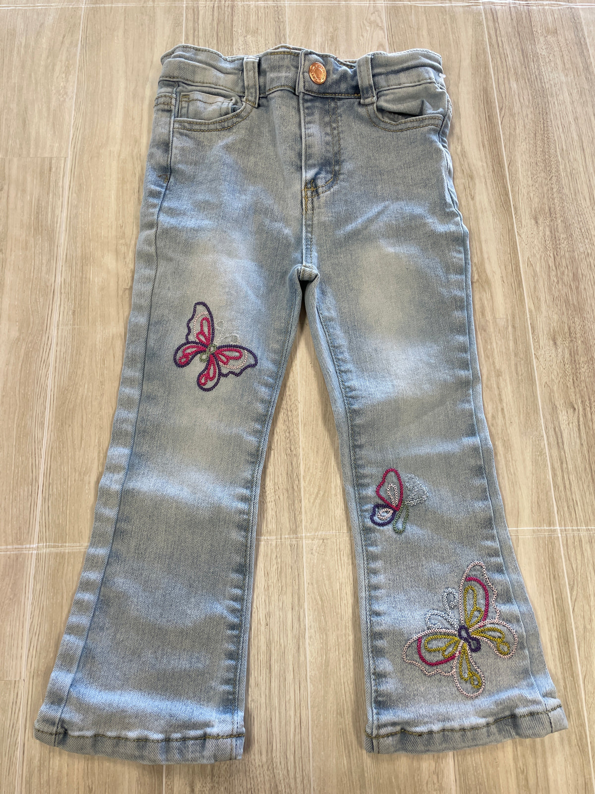 3T Light Wash Butterfly Embroidered Flare Denim